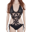 New Arrival Crochet Hollow Out Halter Neck Sexy Open Back One Piece Swimwear