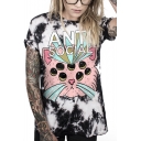 Letter Cartoon Cat Printed Round Neck Short Sleeve Pullover Loose Tee