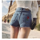 Floral Embroidered Pocket Back High Rise Summer's Denim Shorts Hot Pants