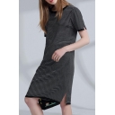 Round Neck Short Sleeve Striped Printed Split Side Midi T-Shirt Dress
