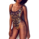 Scoop Neck Sleeveless Hollow Out Striped Printed One Piece Swimwear