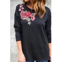 Round Neck Long Sleeve Floral Embroidered Shoulder Pullover T-Shirt