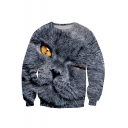 Digital Cartoon Cat Printed Round Neck Long Sleeve Pullover Sweatshirt