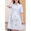 Summer's Sweet Floral Embroidered Lapel Collar Short Sleeve Buttons Down A-Line Mini Dress