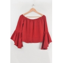 Fashion Off the Shoulder Bell Long Sleeve Plain Cropped Blouse
