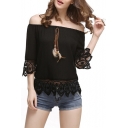 Boat Neck Half Sleeve Lace Inserted Trim Pullover Plain Blouse