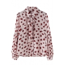 Bow Front Lapel Collar Long Sleeve Cat Printed Buttons Down Shirt
