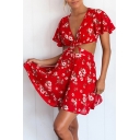 Sexy Plunge V-Neck Cutout Sides Short Sleeve Floral Printed Mini Swing Dress