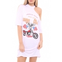 Women's Sexy Cold Shoulder Short Sleeve Printed Mini T-Shirt Dress