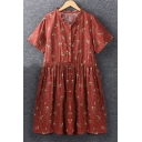 Petal Neck Short Sleeve Buttons Down Leisure Linen Mini Tea Dress