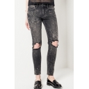 Summer's Cut Out Knees Plain Washed Leisure Ink Skinny Jeans