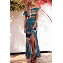 Bohemia Stylish Tribal Printed Off the Shoulder Short Sleeve Cropped Top with Split Front Maxi Skirt