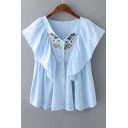 Summer's Ruffle Hem V Neck Buttons Down Floral Embroidered Leisure Blouse