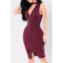 Women's Halter Hollow Out Zip-Fronted Sleeveless Split Front Plain Bodycon Dress