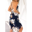 Fashion Crisscross Back Plunge V-Neck Sleeveless Floral Printed Cami Dress