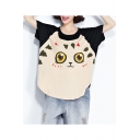 Summer's Color Block Cartoon Cat Printed Round Neck Short Sleeve Oversize T-Shirt