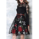 Glamorous Chic Lace Mesh Patchwork Floral Pattern Long Sleeve Round Neck Mini Dress