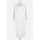 Boyfriend Style Lapel Collar Long Sleeve Buttons Down Plain Shirt Dress with Pockets