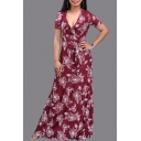 Plunge Neck Short Sleeve Floral Printed Tie Waist Maxi Beach Holiday Dress