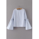Fashion Vertical Striped Bell Long Sleeve Round Neck Keyhole Back Top