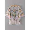 Sheer Mesh Floral Printed Round Neck Short Sleeve Summer's Pullover Blouse