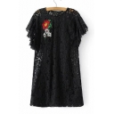 Summer's Floral Embroidered Lace Inserted Round Neck Short Sleeve Mini Shift Dress