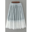 Drawstring Waist Color Block Lace Inserted Pleated Midi Skirt
