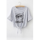 Lovely Cartoon Eyeglasses Cat Printed Striped Round Neck Short Sleeve Knotted T-Shirt