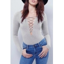 Sexy Plunge V-Neck Lace-Up Front Long Sleeve Plain Top