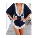 Sexy Women's Plunge V-Neck Lace Patchwork Half Sleeve Rompers
