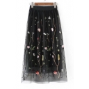 Sheer Mesh Floral Embroidered Elastic Waist Midi Layered Skirt