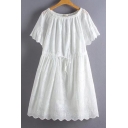 Sweet Lace Inserted Boat Neck Short Sleeve Plain A-Line Mini Dress