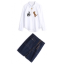 Cartoon Cat Embroidered Long Sleeve Buttons Down Shirt Zip Fly Denim Skirt Set