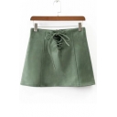 Vintage Lace-Up Front Zip-Back Plain Mini A-Line Skirt