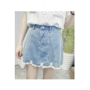Summer's High Waist Ripped Fringe Trim Mini A-Line Denim Skirt