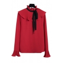 New Arrival Pleated Ruffle Tie Neck Long Sleeve Bell Cuffs Plain Blouse