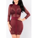 Sexy Women's Sheer Mesh 3/4 Length Sleeve Plain Mini Bodycon Dress