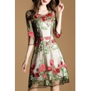 Luxurious Floral Embroidered Sheer Mesh Round Neck 3/4 Sleeve A-Line Midi Dress