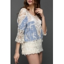 Round Neck 3/4 Sleeve Crochet Hollow Out Cover Up Pullover Blouse