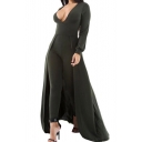 New Stylish Sexy Plunge V-Neck Long Sleeve Plain Jumpsuits with Swallow-Tailed Hem