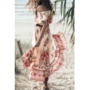 Off the Shoulder Short Sleeve Floral Printed High Low Hem Beach Dress