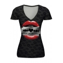 Sexy Red Lip Pattern V Neck Short Sleeve Fitted Pullover Graphic Tee