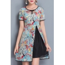 Round Neck Short Sleeve Retro Floral Printed Elegant Slit Side A-Line Mini Dress