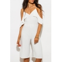 Spaghetti Straps Cold Shoulder Summer's Plain Wide Legs Rompers