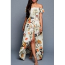 Fashion Sexy Off the Shoulder Short Sleeve Floral Printed Split Front Swallow-Tailed Rompers
