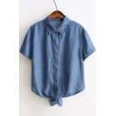Summer's Lapel Collar Short Sleeve Knotted Waist Buttons Down Chambray Shirt