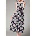 Leisure Fashion Sleeveless Round Neck Floral Printed Midi Dress