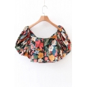 Square Neck V Back Zip Fly Floral Printed Puff Sleeve Cropped Blouse