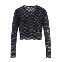 New Stylish See Through Hollow Out Round Neck Long Sleeve Cropped Top