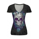 Retro Rose Skull Pattern V Neck Short Sleeve Casual Leisure T-Shirt
